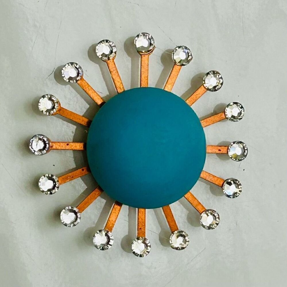 Upcycled Atomic Starburst Refrigerator Magnet Buttons Rhinestones Turquoise Blue